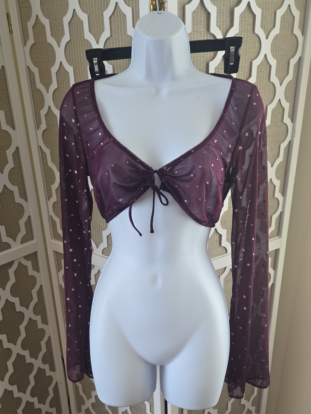 Savage X Fenty Plum Sheer Long Sleeve Tie-Front Crop Top
